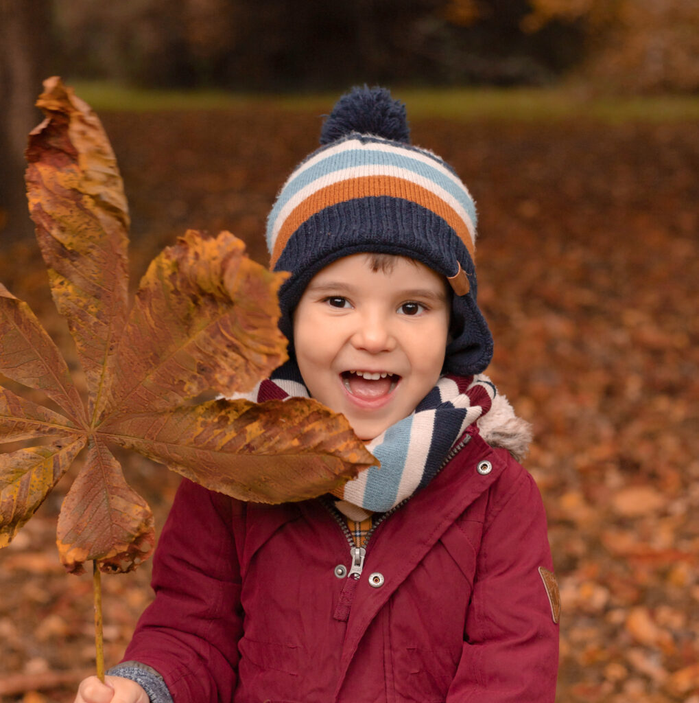 Cute boy holding a Autumn orange leaf